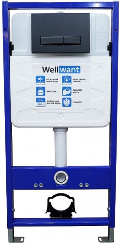 Комплект унитаза WeltWasser Merzbach 043 GL-WT 10000009939 с инсталляцией WellWant Standart 50 WWISI111BB с сиденьем Микролифт и Черной матовой клавишей смыва