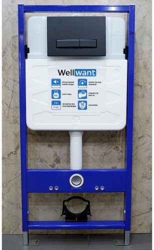 Комплект унитаза WeltWasser Merzbach 043 GL-WT 10000009939 с инсталляцией WellWant Standart 50 WWISI111BB с сиденьем Микролифт и Черной матовой клавишей смыва