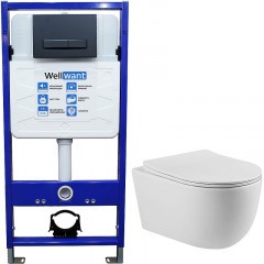 Комплект унитаза Vincea Evo Rimless VT1-34S с инсталляцией WellWant Standart 50 WWISI111BB с сиденьем Микролифт и Черной матовой клавишей смыва