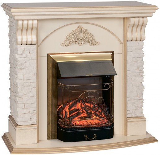 Электрокамин RealFlame Athena WT белый дуб с золотой патиной с очагом Majestic Lux Brass